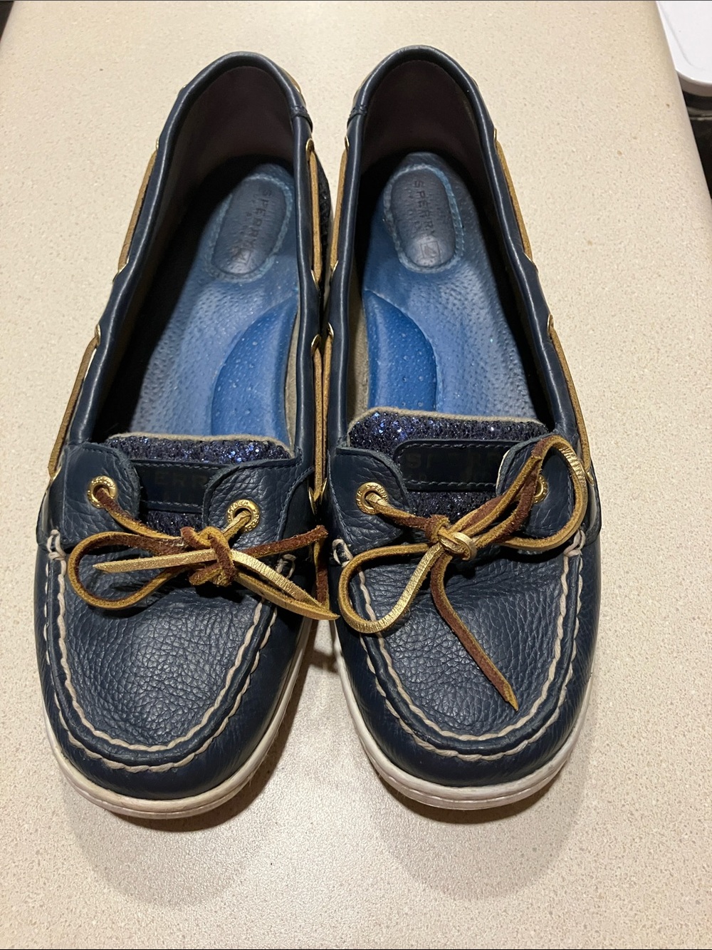 Navy Leather Sperry Boat Shoe Loafers with Sparkly Blue and Gold Lace Accents